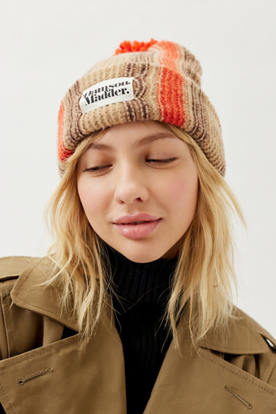 Damson Madder Pom Pom Stripe Beanie In Brown + Red | ModeSens display picture 1