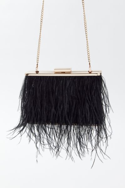 Olga Berg Ostrich Feather Embellished Clutch In Black