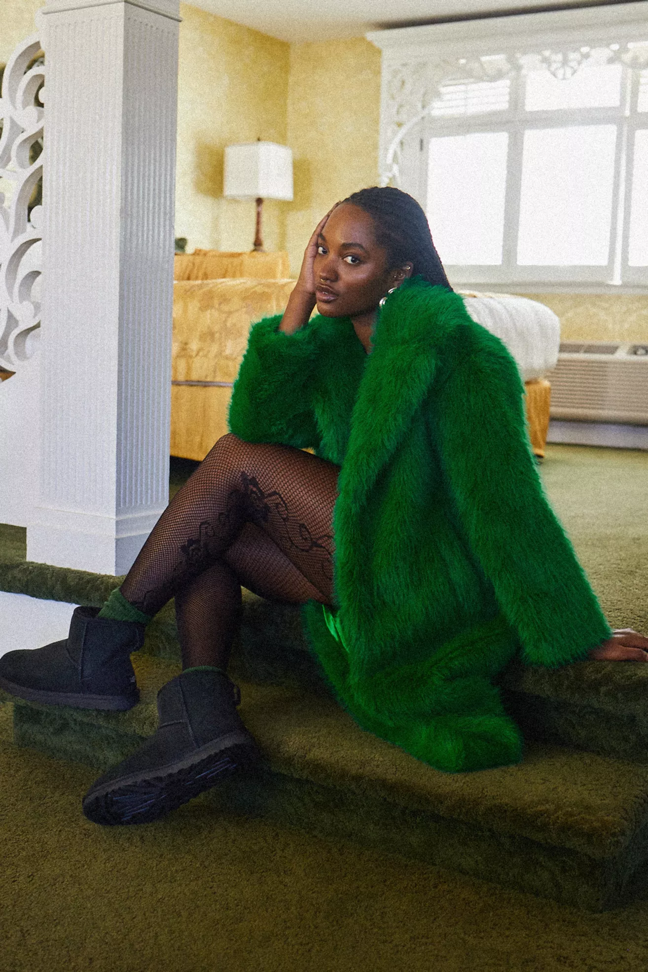 Faux fur green polka dot statement coat