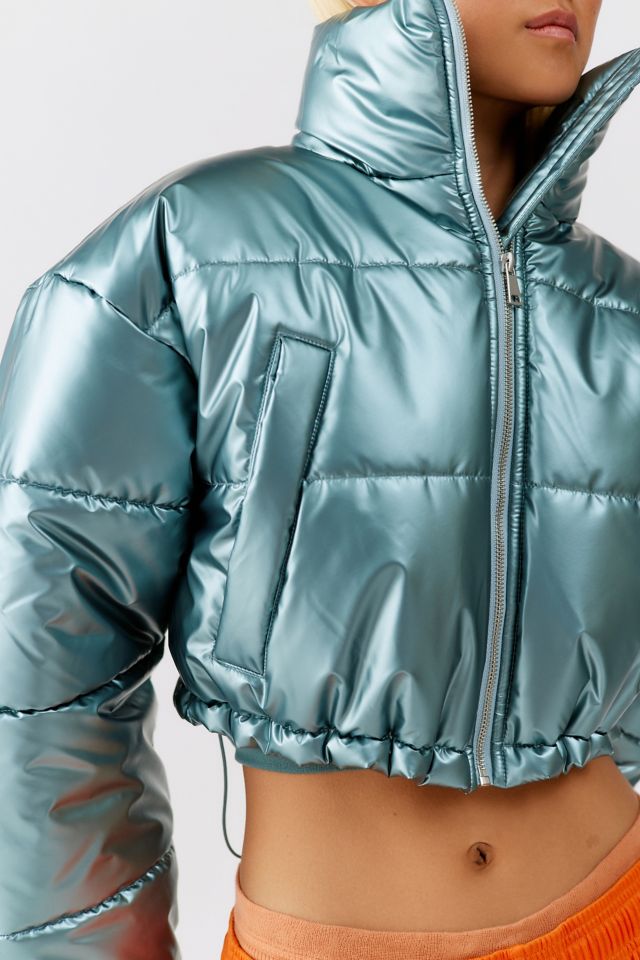 Metallic cropped puffer store jacket