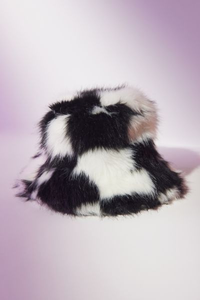 Urban Outfitters Ace Fluffy Faux Fur Bucket Hat In Black + White
