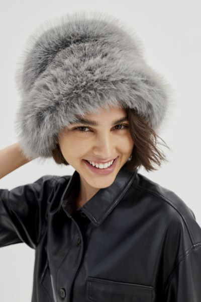 Urban Outfitters Ace Fluffy Faux Fur Bucket Hat In Grey
