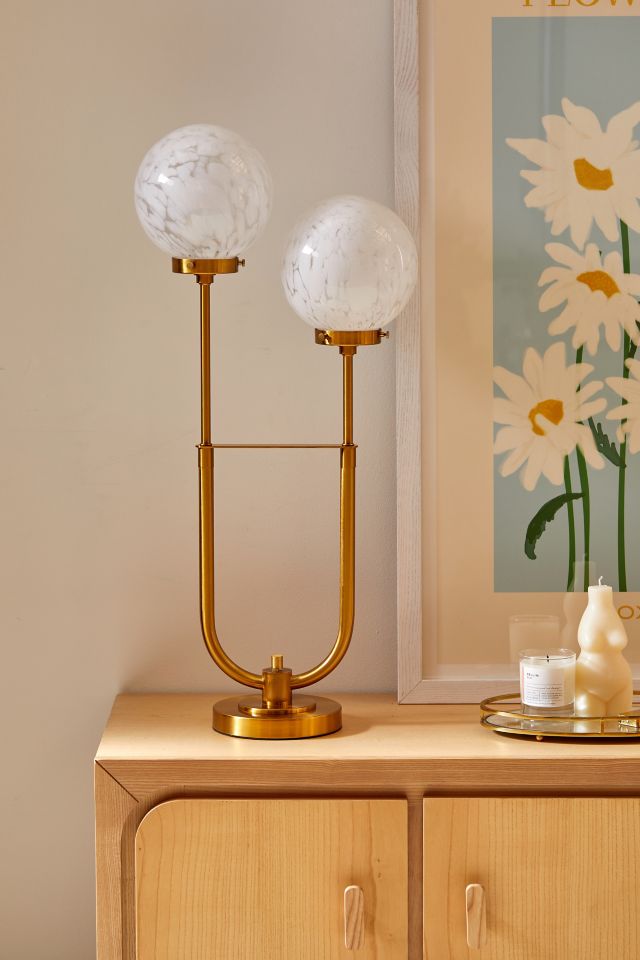 Elegant Twin-Arm Gold Finish Table Lamp with White Frosted Glass Shades