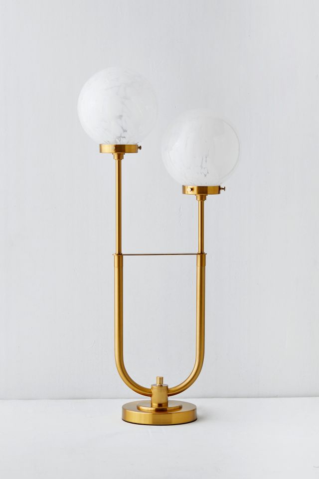 Elegant Twin-Arm Gold Finish Table Lamp with White Frosted Glass Shades