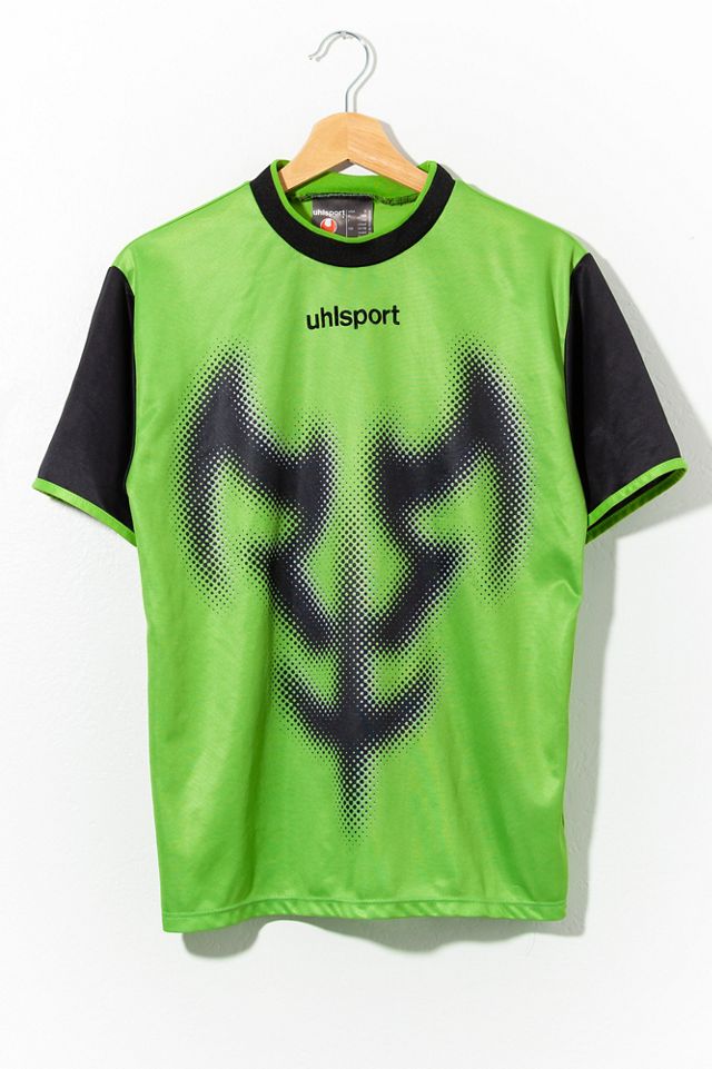 Vintage 90s Uhlsport Neon Green Graphic Soccer Jersey Short Sleeve