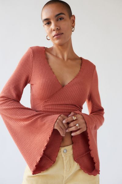 Urban Outfitters Uo Daisy Ribbed Tie-front Top In Rust