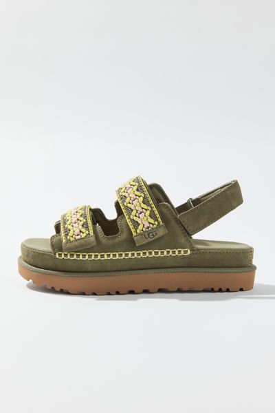 UGG GOLDENSTAR EMBROIDERED SUEDE SANDAL IN BURNT OLIVE, WOMEN'S AT URBAN OUTFITTERS