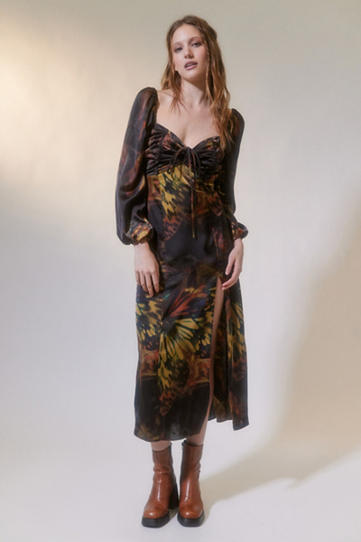 Urban Outfitters Uo Kitty Printed Puff Sleeve Midi Dress In Black Multi |  ModeSens