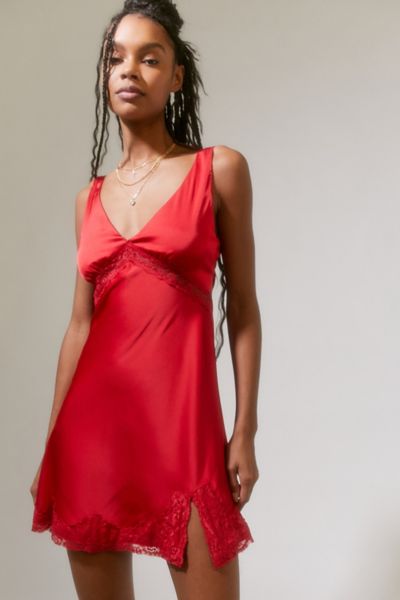 Lace Trim Slip Dress Red