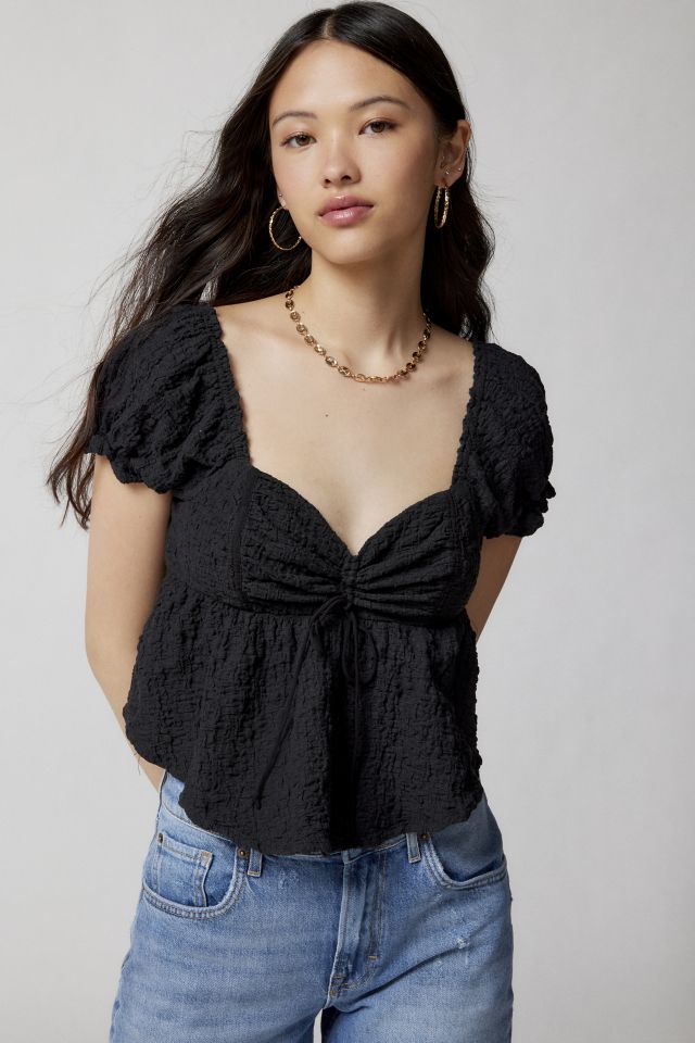 UO Beverly Textured Lace-Up Babydoll Blouse