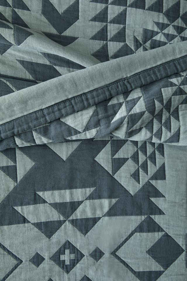 Turquoise Cotton Matelasse Blanket with Geometric Pattern