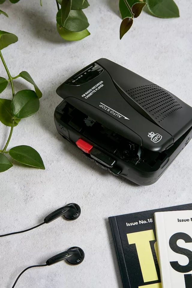 GPO Portable Retro Personal Cassette Player/Recorder with Built-in Speaker  & Microphone, FM Radio, 3.5mm Headphone Jack, Earphones Included - Black