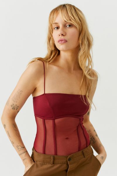 Out From Under Harlow Sheer Mesh Corset Bodysuit In Red | ModeSens