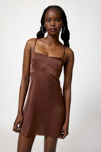 Urban Outfitters Uo Bella Bow-back Satin Mini Dress In Chocolate