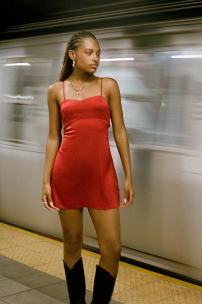 Urban Outfitters Uo Bella Bow-back Satin Mini Dress In Red