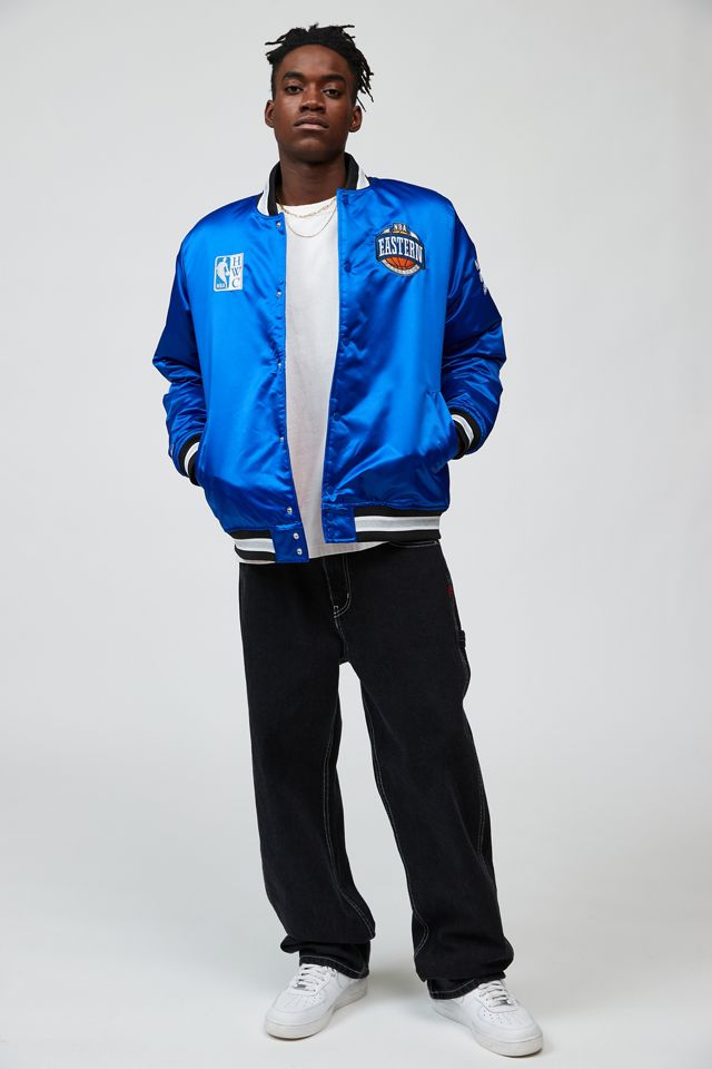 Mitchell & Ness Mens Heavyweight Satin Jacket Blue L Casual