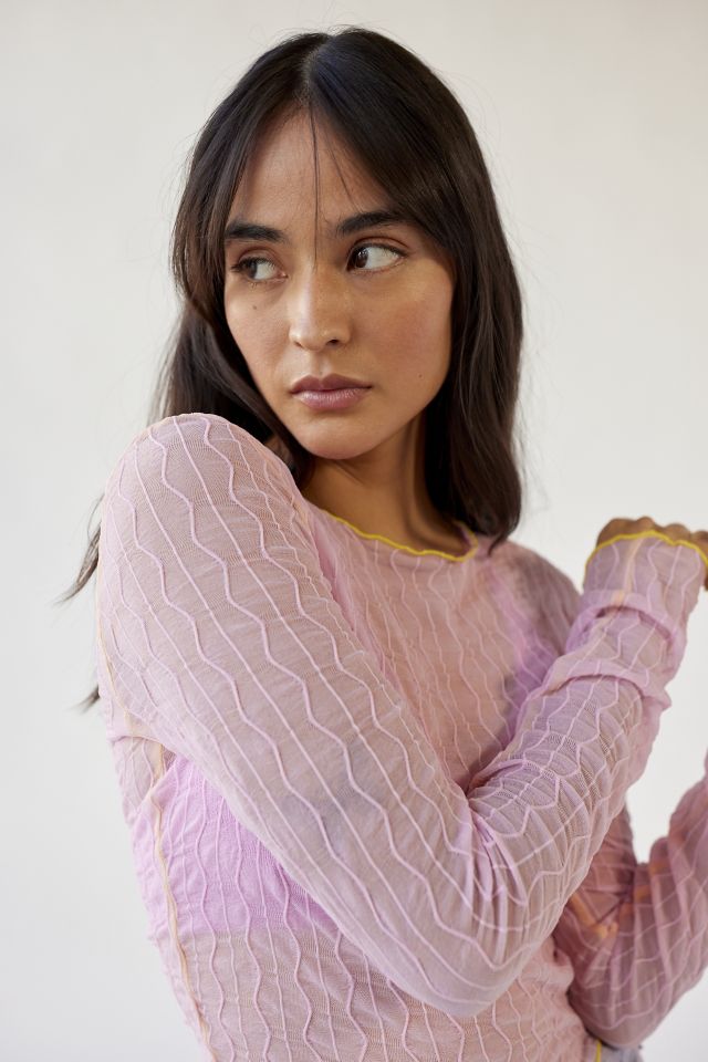 UO Mimi Semi-Sheer Textured Crew Neck Top #1