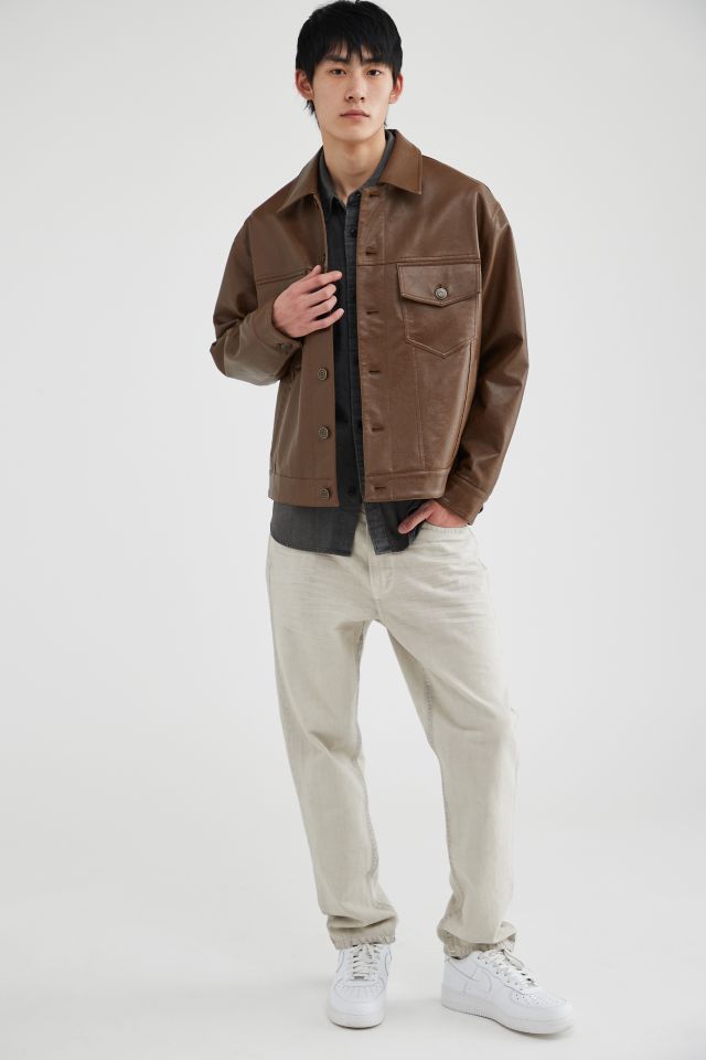 Standard Cloth Distressed Faux Leather Trucker Jacket #1