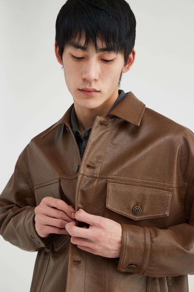 Standard Cloth Distressed Faux Leather Trucker Jacket #4