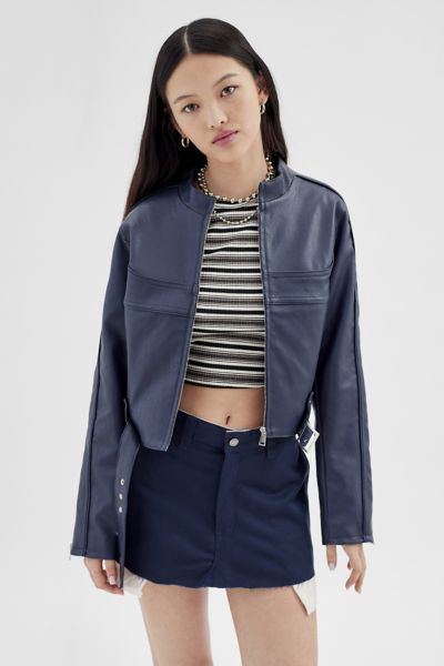 Urban Outfitters Uo Jordan Faux Leather Fitted Moto Jacket In Navy