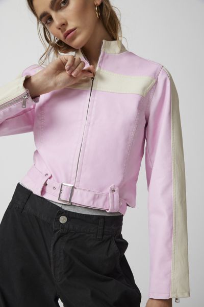 Urban Outfitters Uo Jordan Faux Leather Fitted Racer Moto Jacket In Pink
