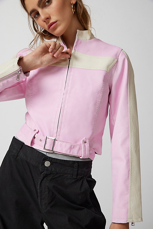 Urban Outfitters Uo Jordan Faux Leather Fitted Racer Moto Jacket In Pink