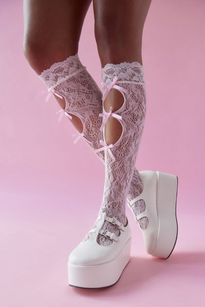 Urban Outfitters Cutout Lace Thigh-high Sock In Pink
