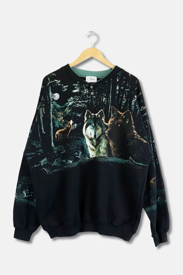 Vintage Wolves In Nature AOP Quarter Button Up Sweatshirt Urban Outfitters