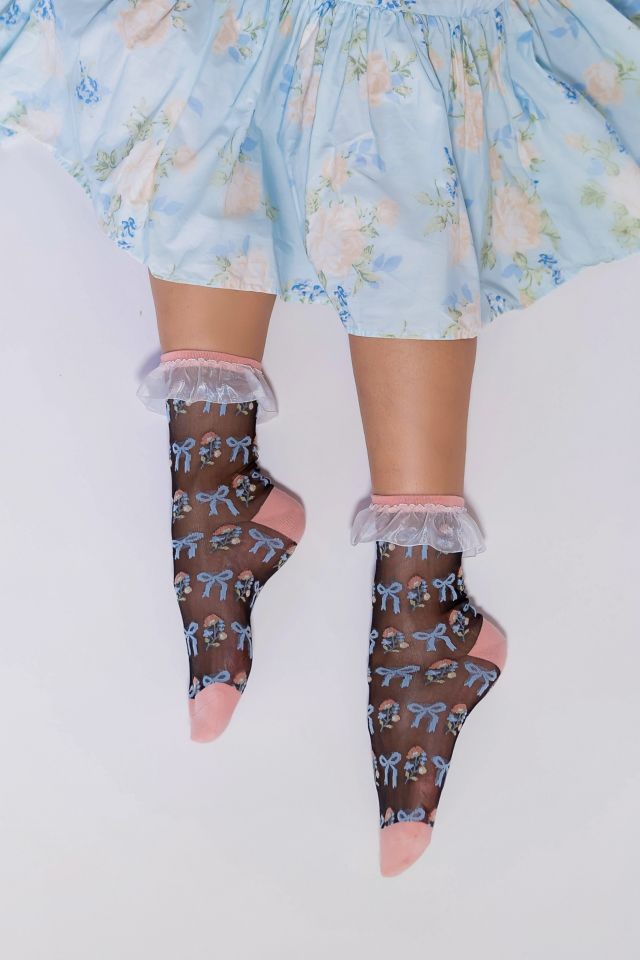 Sock Candy Floral Bow Ruffle Black Sheer Sock #1
