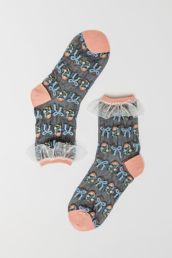 Sock Candy Floral Bow Ruffle Black Sheer Sock In Multi