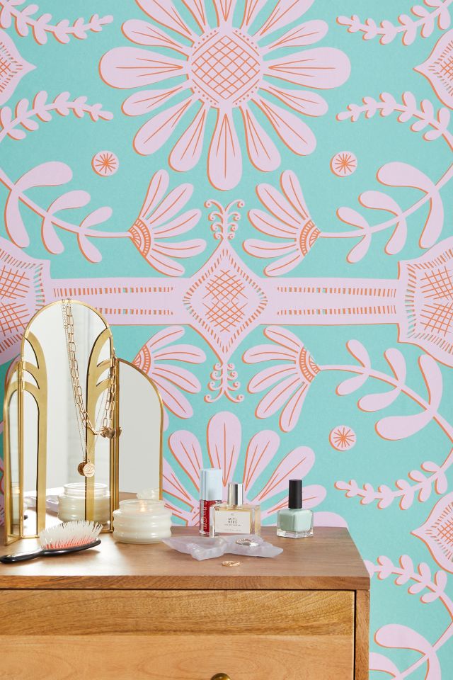 Green Pink Floral Wallpaper, Removable Wallpaper