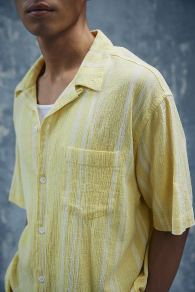 Standard Cloth Liam Stripe Pattern Crinkle Shirt Top In Chartreuse, Men's At Urban Outfitters