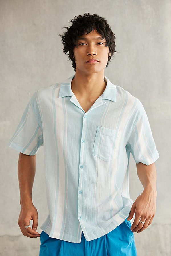 Standard Cloth Liam Stripe Crinkle Shirt Top In Turquoise, Men's At Urban Outfitters In White