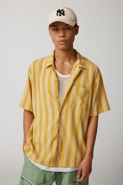 Standard Cloth Liam Stripe Pattern Crinkle Shirt Top In Gold, Men's At Urban Outfitters