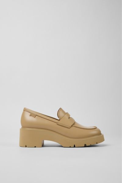 Camper Milah Leather Heeled Loafer Shoes In Khaki