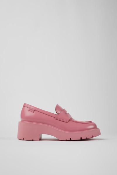 CAMPER MILAH LEATHER HEELED LOAFER SHOES IN PINK, WOMEN'S AT URBAN OUTFITTERS