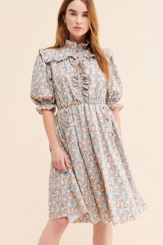 The Blue Sweetheart Neck Puff Sleeve Floral Midi Dress