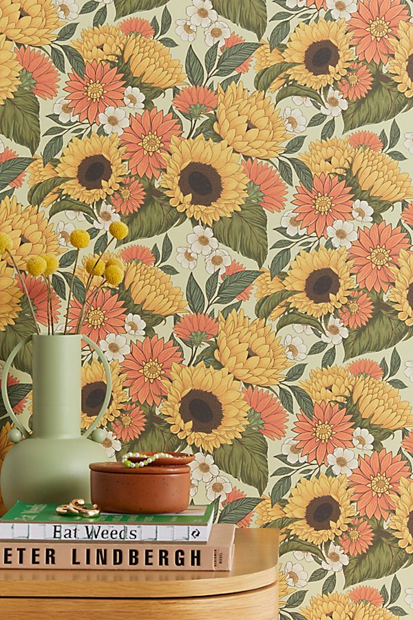 Urban Outfitters Avenie Sunflower Meadow Calm Green Removable Wallpaper At