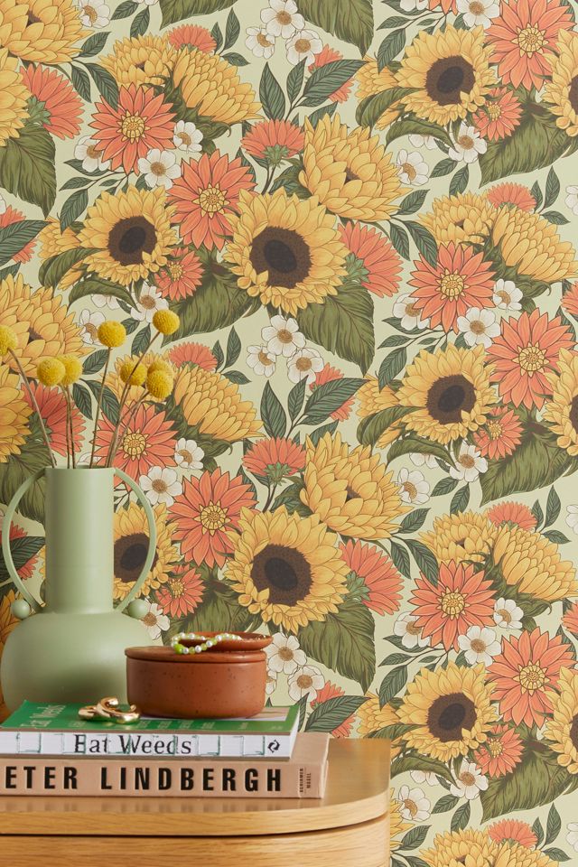 Avenie Sunflower Meadow Calm Green Removable Wallpaper | Urban Outfitters