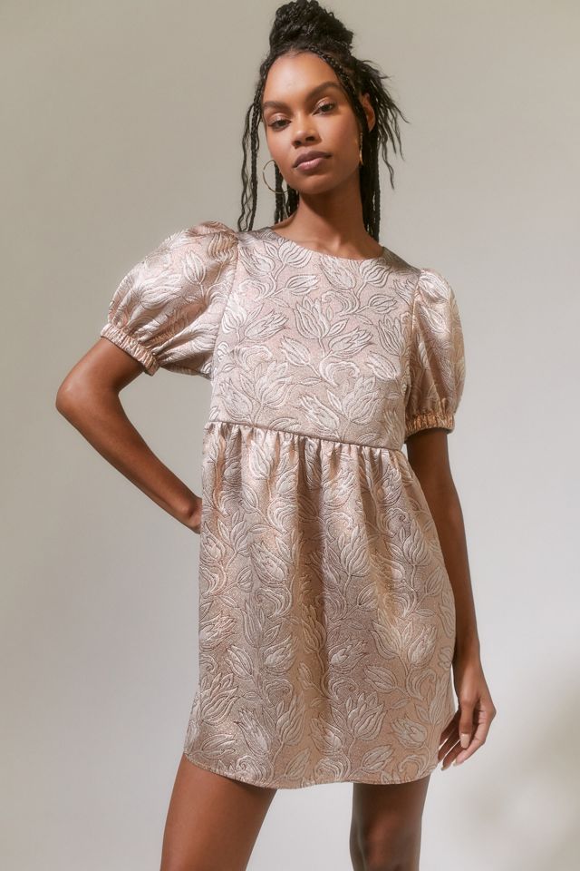 fitted babydoll dress Beige Chiffon Floral Pleated Babydoll Mini Dress main image 1