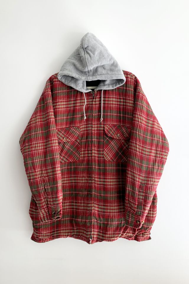 Vintage Hooded Quilted Red Plaid Shirt Jacket