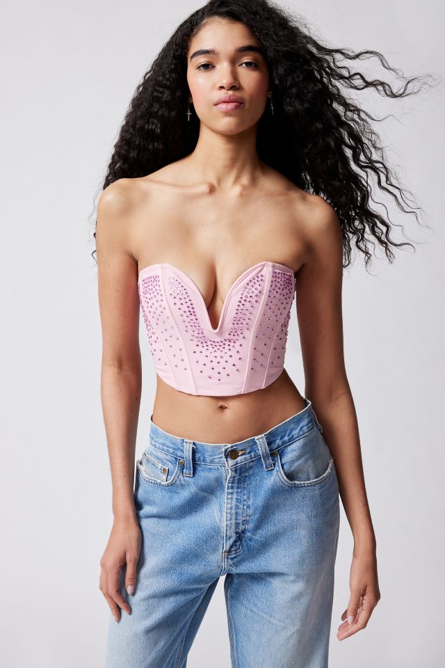 Pink Diamante Denim Bandeau Corset Top