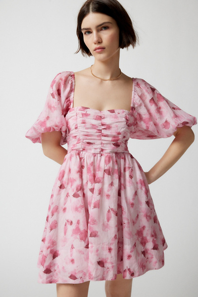 knee length dresses for ladies Light Pink Puff Sleeve Lace Tulle Dress