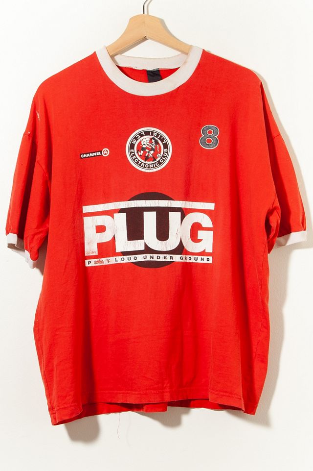 Vintage 1990s Distressed PLUG Electronic Club Soccer Jersey Graphic T