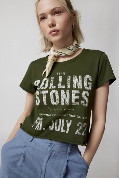 Urban Outfitters The Rolling Stones Raw Hem Baby Tee In Olive