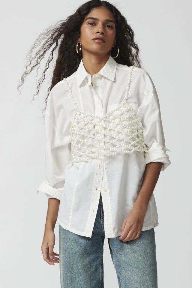 Pearl ribbon lace blouse with inner cami + cross lace-up layered