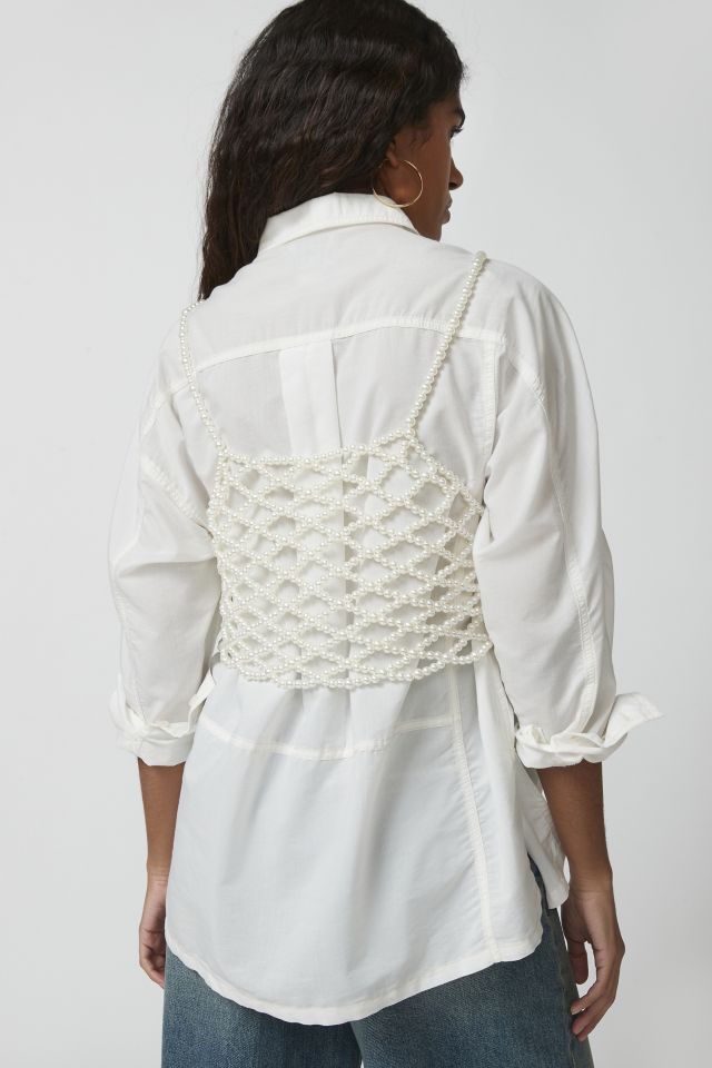 Pearl ribbon lace blouse with inner cami + cross lace-up layered