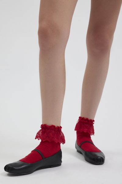Shop Urban Outfitters Ruffle Ribbed Crew Sock In Red, Women's At