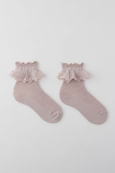 Shop Urban Outfitters Ruffle Ribbed Crew Sock In Pink, Women's At