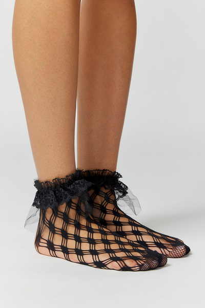 Women's Fishnet Mesh Ankle Socks With Big Bow – Black, White, Blue, Grey, Red, Pink